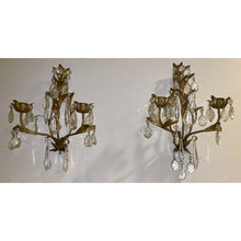 Load image into Gallery viewer, Crystal and Painted Gold Leaf Candle Sconces - 2 arm - a pair-Sconces-Antique Warehouse