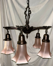 Load image into Gallery viewer, Art Deco Chandelier with Pink Tulip Flutes-Chandelier-Antique Warehouse