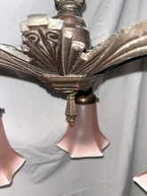 Load image into Gallery viewer, Art Deco Chandelier with Pink Tulip Flutes-Chandelier-Antique Warehouse