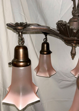 Load image into Gallery viewer, Art Deco Chandelier with Pink Tulip Flutes-Chandelier-Antique Warehouse