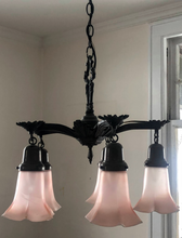 Load image into Gallery viewer, Art Deco Chandelier with Pink Tulip Flutes-Chandelier-Antique Warehouse