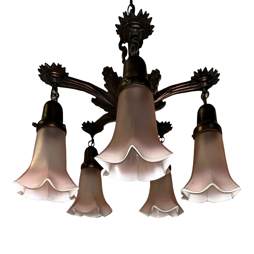 Art Deco Chandelier with Pink Tulip Flutes-Chandelier-Antique Warehouse