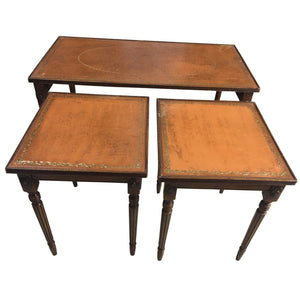 19th C. French Leather Top Cocktail | Coffee Table with 2 Nested Side Tables -Set of 3 Pieces-Cocktail Table-Antique Warehouse