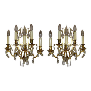 19th Century French Brass and Crystal Sconces - 5 Light - a pair-Sconces-Antique Warehouse