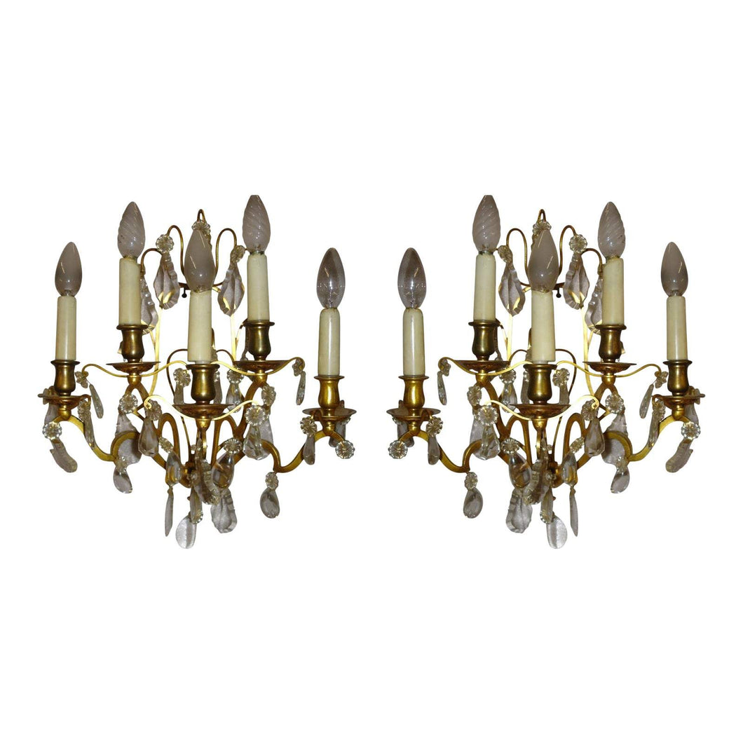 19th Century French Brass and Crystal Sconces - 5 Light - a pair-Sconces-Antique Warehouse