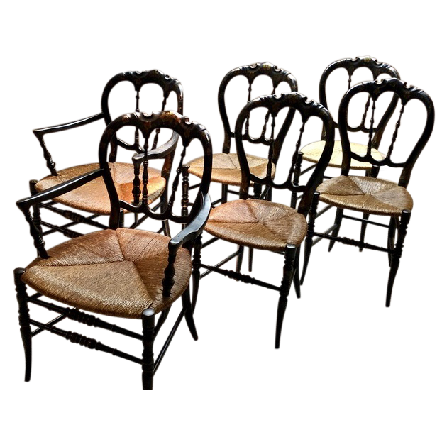 19th Century French Country Quebec Painted Chairs with Rush Seats -Set of 6 (2 arm, 4 side)-Chairs-Antique Warehouse