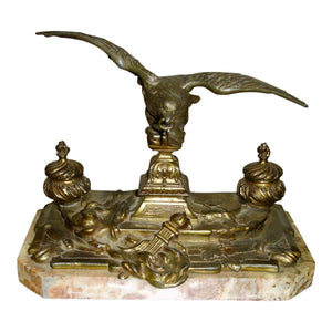 19th Century French Marble Double Inkwell with Bronze Eagle Sculpture-Decorative-Antique Warehouse