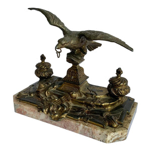 19th Century French Marble Double Inkwell with Bronze Eagle Sculpture-Decorative-Antique Warehouse