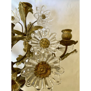 Brass and Crystal Flower Sconces - a pair-Sconces-Antique Warehouse