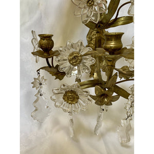 Brass and Crystal Flower Sconces - a pair-Sconces-Antique Warehouse