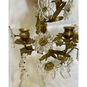 Brass and Crystal Flower Sconces - a pair-Sconces-Antique Warehouse