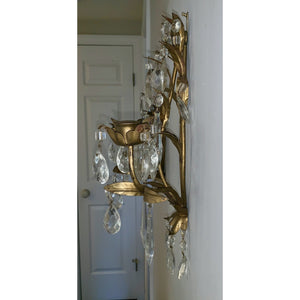 Crystal and Painted Gold Leaf Candle Sconces - 2 arm - a pair-Sconces-Antique Warehouse