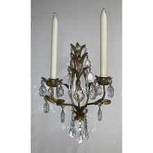 Load image into Gallery viewer, Crystal and Painted Gold Leaf Candle Sconces - 2 arm - a pair-Sconces-Antique Warehouse