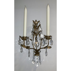 Crystal and Painted Gold Leaf Candle Sconces - 2 arm - a pair-Sconces-Antique Warehouse