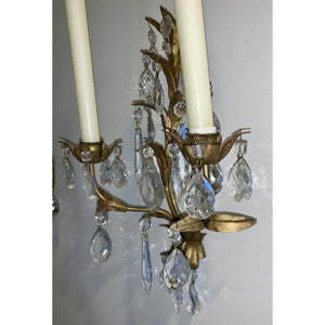 Crystal and Painted Gold Leaf Candle Sconces - 2 arm - a pair-Sconces-Antique Warehouse