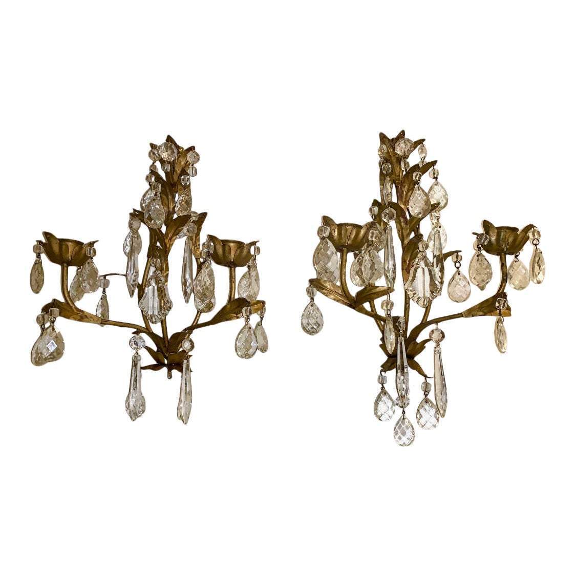 Crystal and Painted Gold Leaf Candle Sconces - 2 arm - a pair