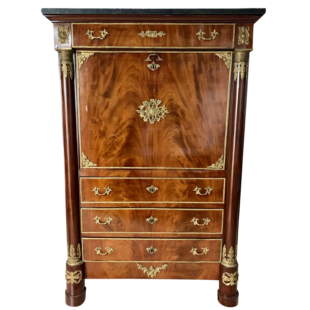 Empire Mahogany Secrétaire à abattant with Brass Mounts and Marble Top-Secretaire-Antique Warehouse