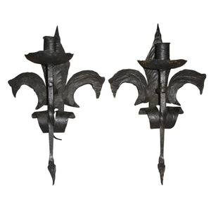 French 19th Century Forged Iron Fleur de Lis Torchère Sconces - a pair-Sconces-Antique Warehouse