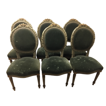 French Louis XVI Style Painted and Carved chairs with green velvet upholstery (Set of 6)-Chairs-Antique Warehouse