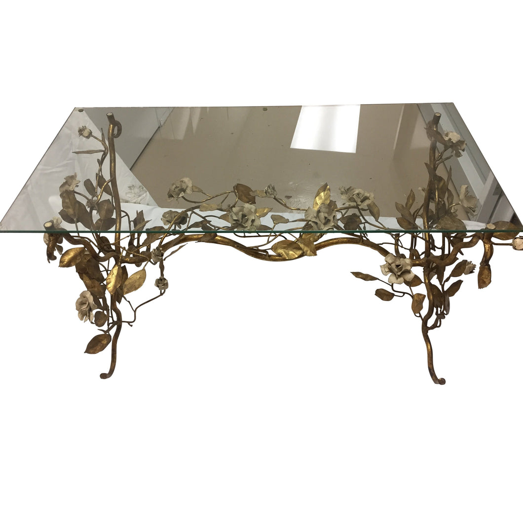 Gold Painted Metal Coffee Table with Roses, Glass Top-Coffee Table-Antique Warehouse