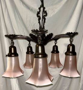 Art Deco Chandelier with Pink Tulip Flutes-Chandelier-Antique Warehouse