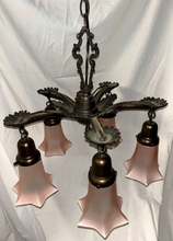 Load image into Gallery viewer, Art Deco Chandelier with Pink Tulip Flutes-Chandelier-Antique Warehouse