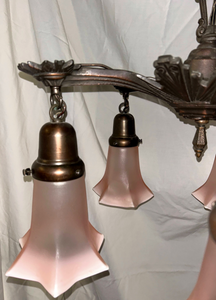 Art Deco Chandelier with Pink Tulip Flutes-Chandelier-Antique Warehouse