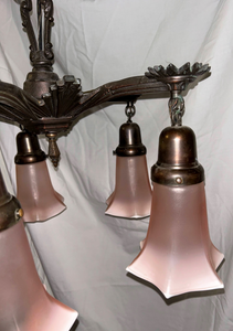 Art Deco Chandelier with Pink Tulip Flutes-Chandelier-Antique Warehouse