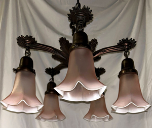 Art Deco Chandelier with Pink Tulip Flutes-Chandelier-Antique Warehouse