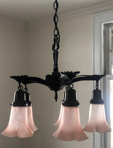 Art Deco Chandelier with Pink Tulip Flutes-Chandelier-Antique Warehouse