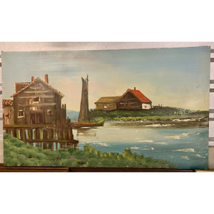 Mid 20th Century Harbor Waterfront Scene Oil Painting-Art-Antique Warehouse