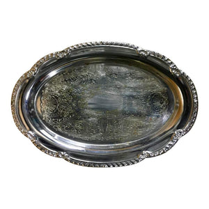 Oval Silver Tray with Scalloped Edge and Etched Design - 9.5" x 6.5"-Accessories-Antique Warehouse