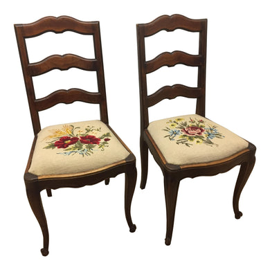 Pair of French Walnut Ladder Back Chairs with Rose Needlepoint seats-Chairs-Antique Warehouse