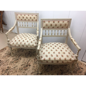 Pair of Painted French Arm Chairs with Rose pattern upholstery. Part of a set (2 end, 6 side)-Chairs-Antique Warehouse