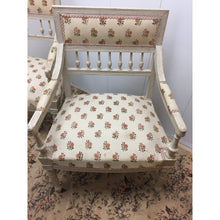 Load image into Gallery viewer, Pair of Painted French Arm Chairs with Rose pattern upholstery. Part of a set (2 end, 6 side)-Chairs-Antique Warehouse