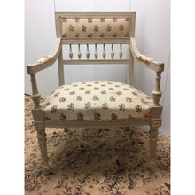 Load image into Gallery viewer, Pair of Painted French Arm Chairs with Rose pattern upholstery. Part of a set (2 end, 6 side)-Chairs-Antique Warehouse