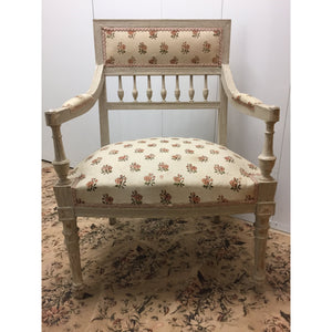 Pair of Painted French Arm Chairs with Rose pattern upholstery. Part of a set (2 end, 6 side)-Chairs-Antique Warehouse